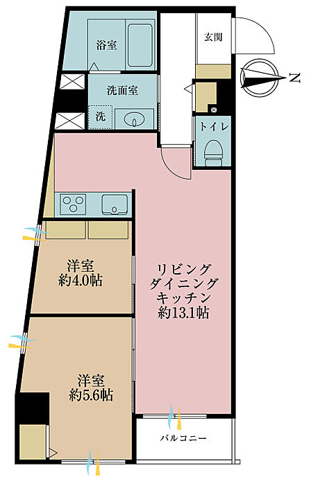 2LDK、専有面積54.5m2、バルコニー面積2.76m2