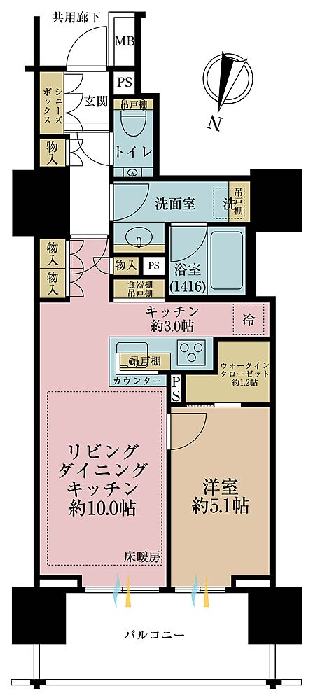 1LDK、専有面積47.11m2、バルコニー面積9.25m2