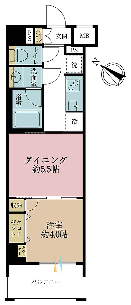 1DK、専有面積30.96m2、バルコニー面積4.8m2