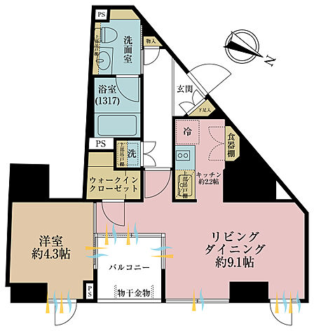 1LDK、専有面積42.26m2、バルコニー面積3.8m2