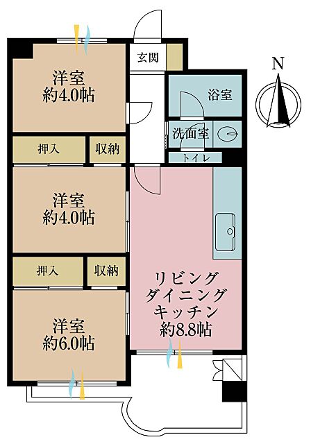 3LDK、専有面積54.35m2、バルコニー面積6.56m2