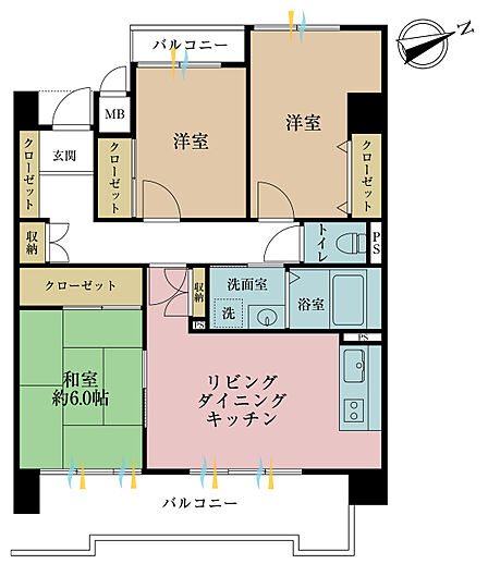 3LDK、専有面積69.51m2