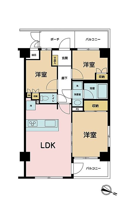 3LDK、専有面積57.95m2、バルコニー面積4.05m2