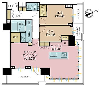 間取り：2LDK、専有面積79.07m2、バルコニー面積12.39m2