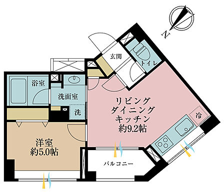 1LDK、専有面積34.98m2、バルコニー面積3.51m2