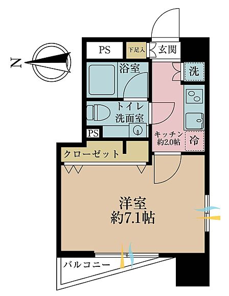 1K、専有面積25.76m2、バルコニー面積3.32m2