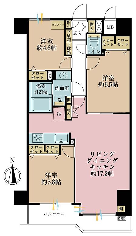 3LDK、専有面積73.32m2、バルコニー面積8.12m2