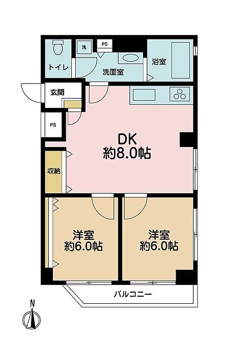 2DK、専有面積54.38m2、バルコニー面積2.88m2