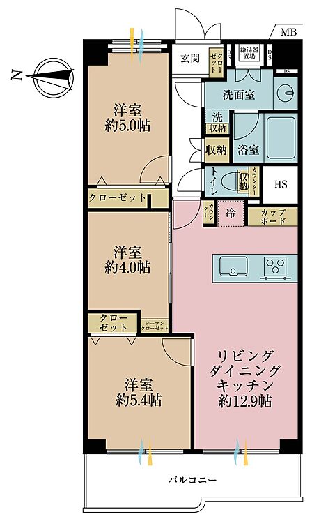 3LDK、専有面積61.6m2、バルコニー面積7.6m2