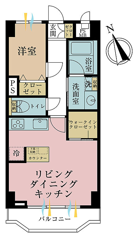 1LDK、専有面積40.5m2、バルコニー面積5.7m2