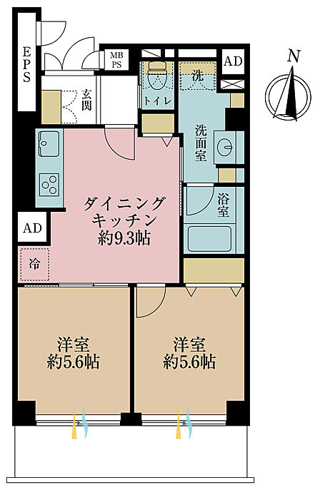 2DK、専有面積48.7m2、バルコニー面積7.33m2