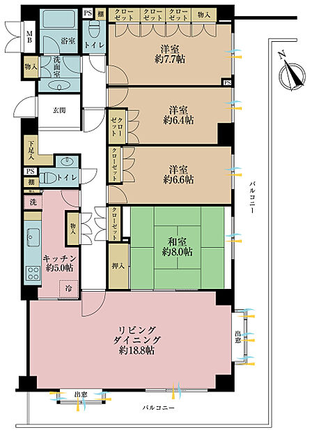 4LDK、専有面積126.82m2、バルコニー面積37.16m2