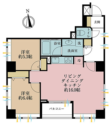 2LDK、専有面積61.9m2、バルコニー面積3.78m2
