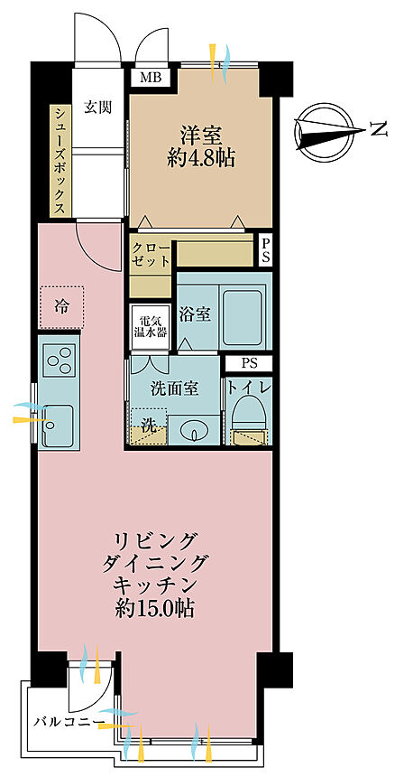 1LDK、専有面積45.76m2、バルコニー面積2.54m2