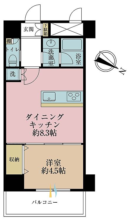 1DK、専有面積34.21m2、バルコニー面積4.83m2