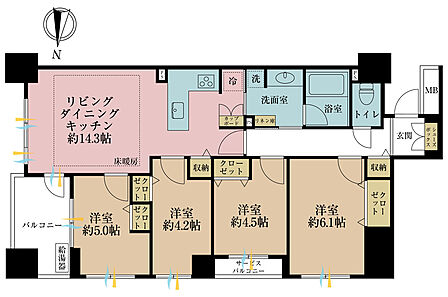 4LDK、専有面積83.28m2、バルコニー面積7.14m2