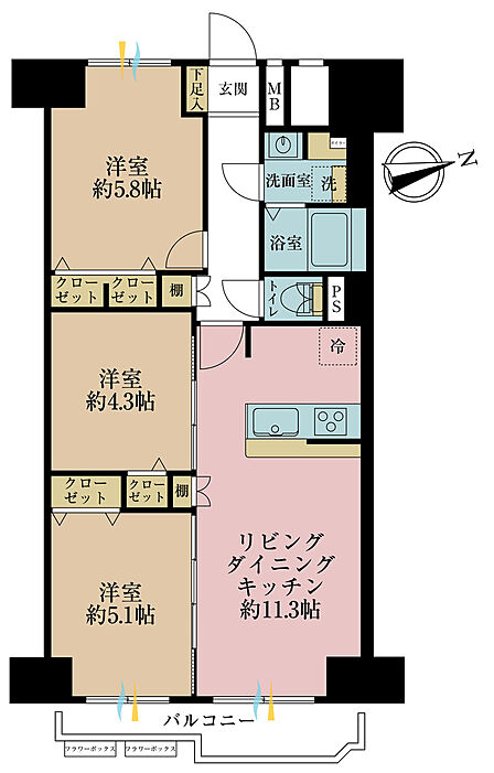 3LDK、専有面積59.4m2、バルコニー面積5.3m2
