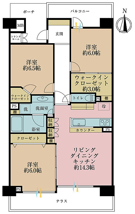 2LDK、専有面積44.47m2、バルコニー面積4.96m2