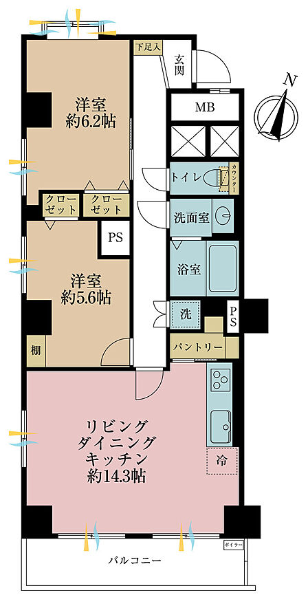 2LDK、専有面積62.99m2、バルコニー面積6.6m2