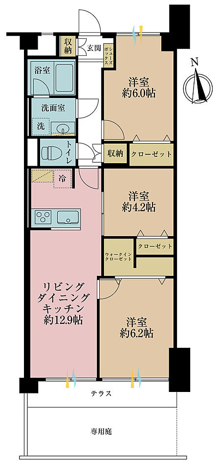 3LDK、専有面積68.75m2、バルコニー面積5.5m2