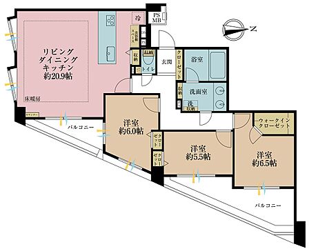3LDK、専有面積89.24m2、バルコニー面積13.11m2