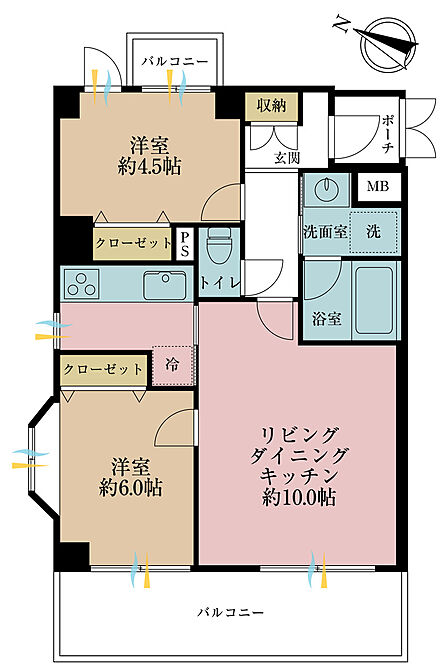 2LDK、専有面積50.68m2、バルコニー面積10.11m2
