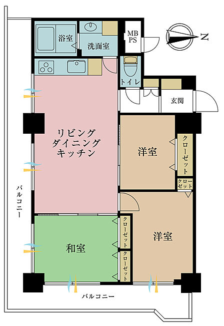 3LDK、専有面積59.98m2、バルコニー面積19.59m2