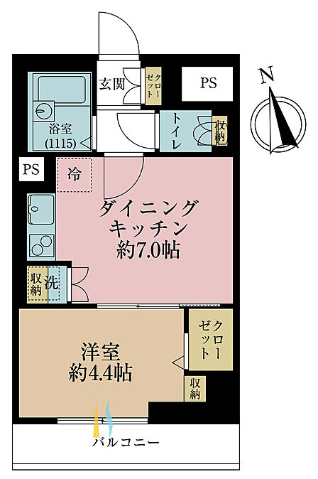 1DK、専有面積27.85m2、バルコニー面積4.3m2