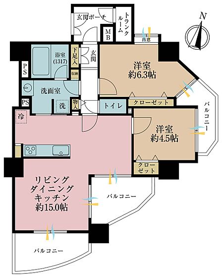 2LDK、専有面積62m2、バルコニー面積15.49m2