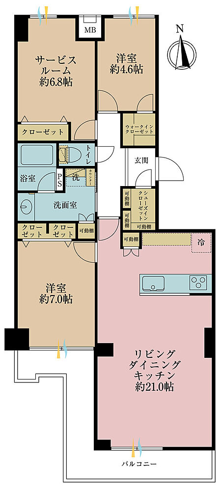 2LDK+S（納戸）、専有面積85.71m2、バルコニー面積11.88m2