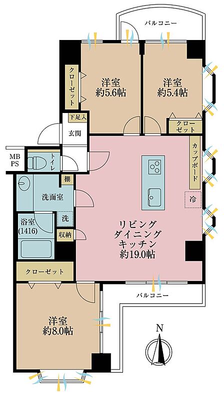 3LDK、専有面積76.92m2、バルコニー面積9.6m2