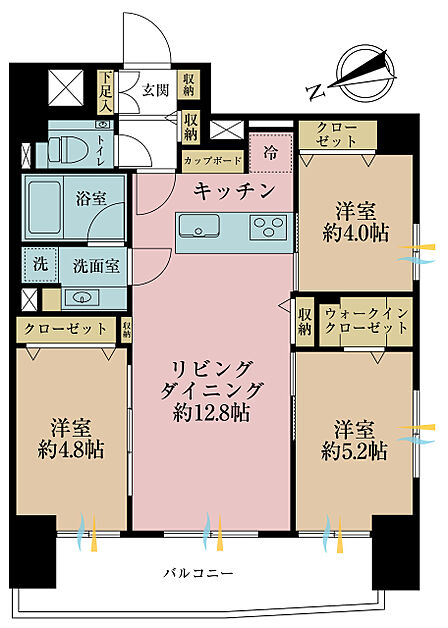 3LDK、専有面積58.63m2、バルコニー面積6.35m2