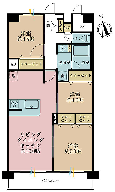 3LDK、専有面積65.83m2、バルコニー面積7.56m2