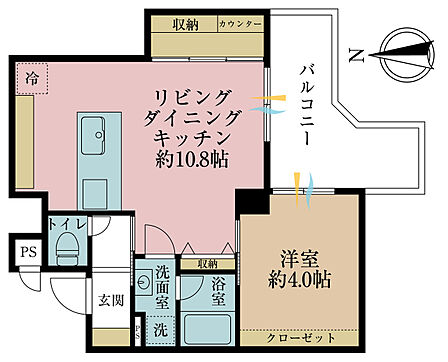 1LDK、専有面積43m2、バルコニー面積7.4m2
