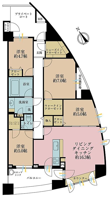 4LDK、専有面積94.48m2、バルコニー面積10.6m2