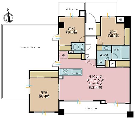 3LDK、専有面積85.32m2、バルコニー面積15.09m2