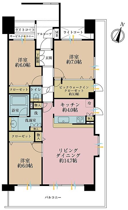 3LDK、専有面積85.92m2、バルコニー面積24m2