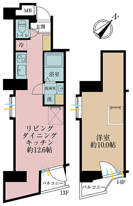 1LDK、専有面積43.59m2、バルコニー面積3.39m2