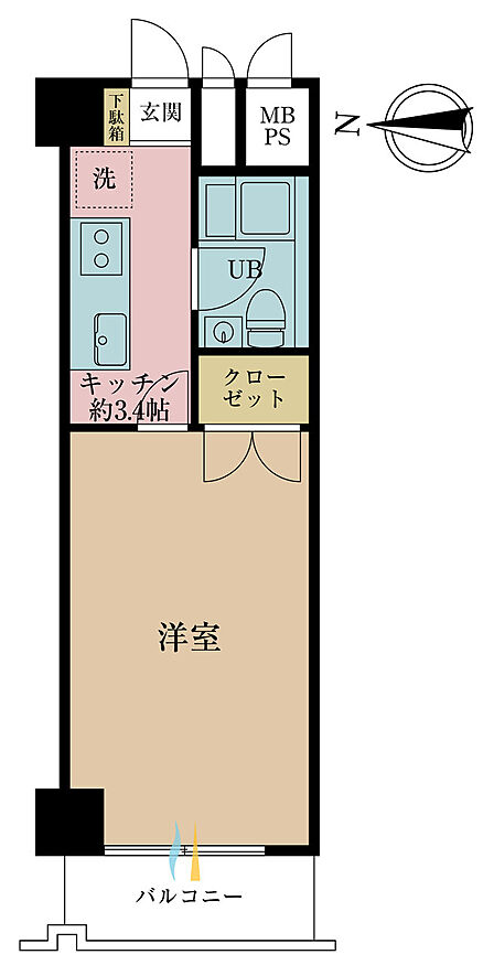 1K、専有面積27.9m2、バルコニー面積3.6m2