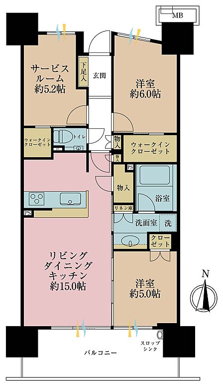 2LDK+S(納戸)、専有面積70.27m2、バルコニー面積12.4m2