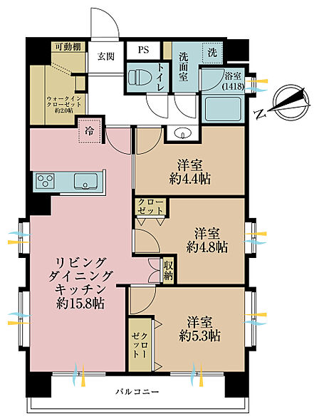 3LDK、専有面積77.46m2