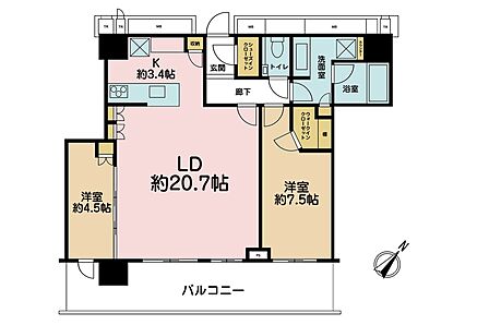 2LDK、専有面積75.23m2、バルコニー面積17.86m2