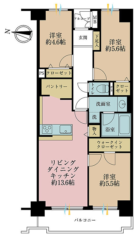 3LDK、専有面積67.23m2、バルコニー面積7.8m2