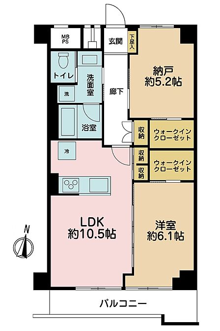 1LDK+S(納戸)、専有面積53.9m2、バルコニー面積5.89m2