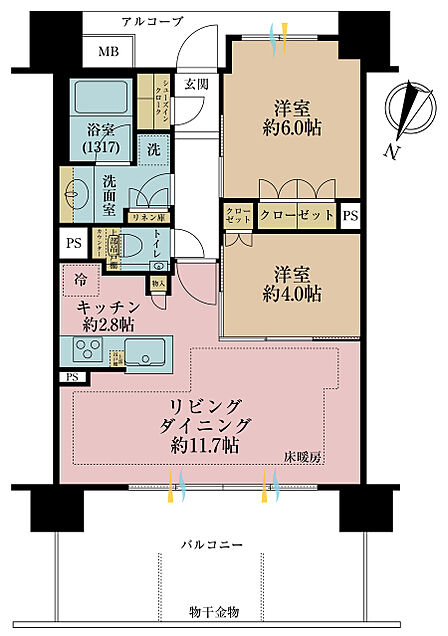 2LDK、専有面積55.49m2