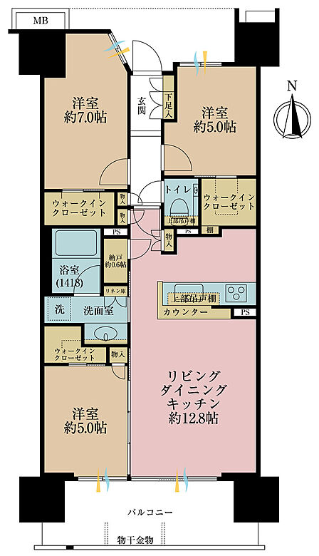 3LDK、専有面積75.5m2、バルコニー面積12.4m2
