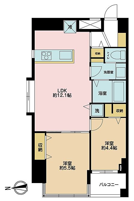 2LDK、専有面積51.44m2、バルコニー面積2.76m2