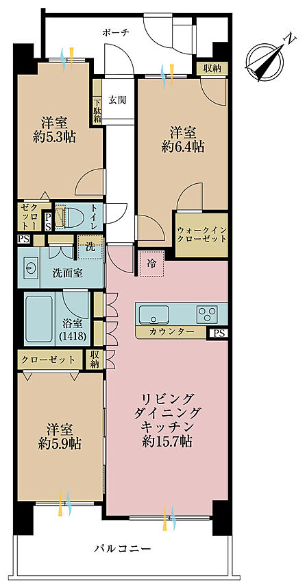 3LDK、専有面積75.33m2、バルコニー面積10.77m2