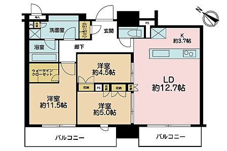 3LDK、専有面積75.88m2、バルコニー面積16.36m2