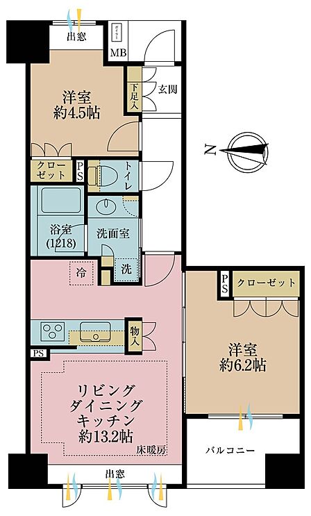 2LDK、専有面積56.45m2、バルコニー面積5.4m2